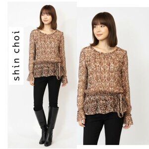SHIN CHOI,- Boho long sleeve 100% silk sheer floral print blouse with side tie